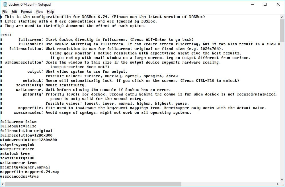 DOSBox configuration file in Notepad